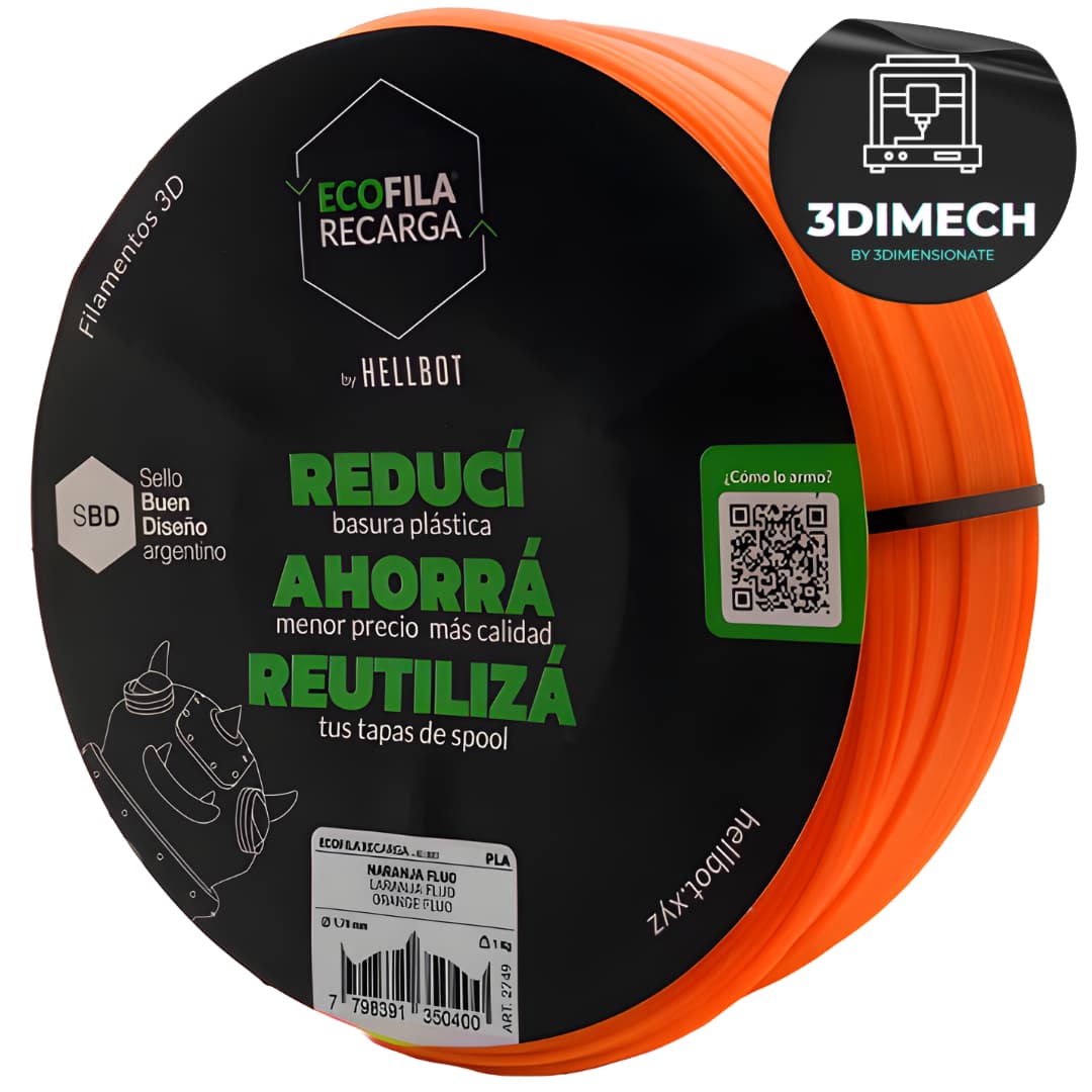 Filamento PLA Naranja Flúor Hellbot Ecofila Recarga 1kg 1.75mm