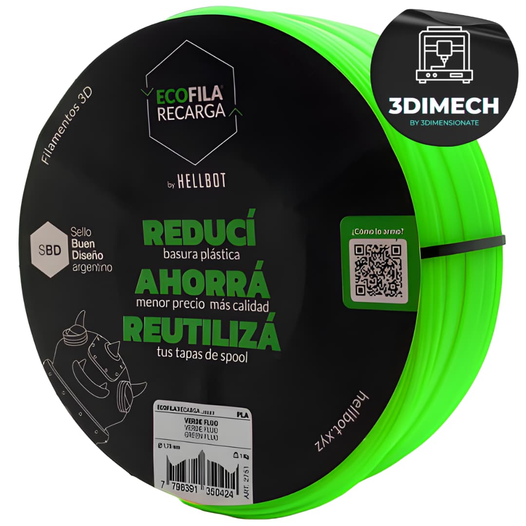 Filamento PLA verde flúor Hellbot Ecofila Recarga 1kg 1.75mm